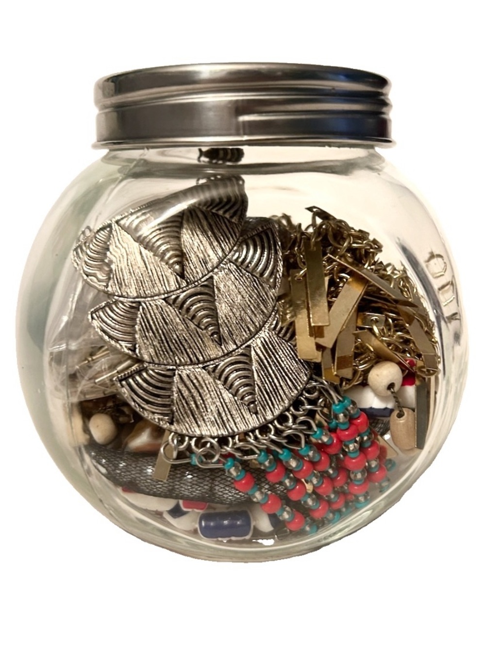 Small Mystery Jewelry Jar Lot All Wearable Necklaces Bracelets Earrings Gold